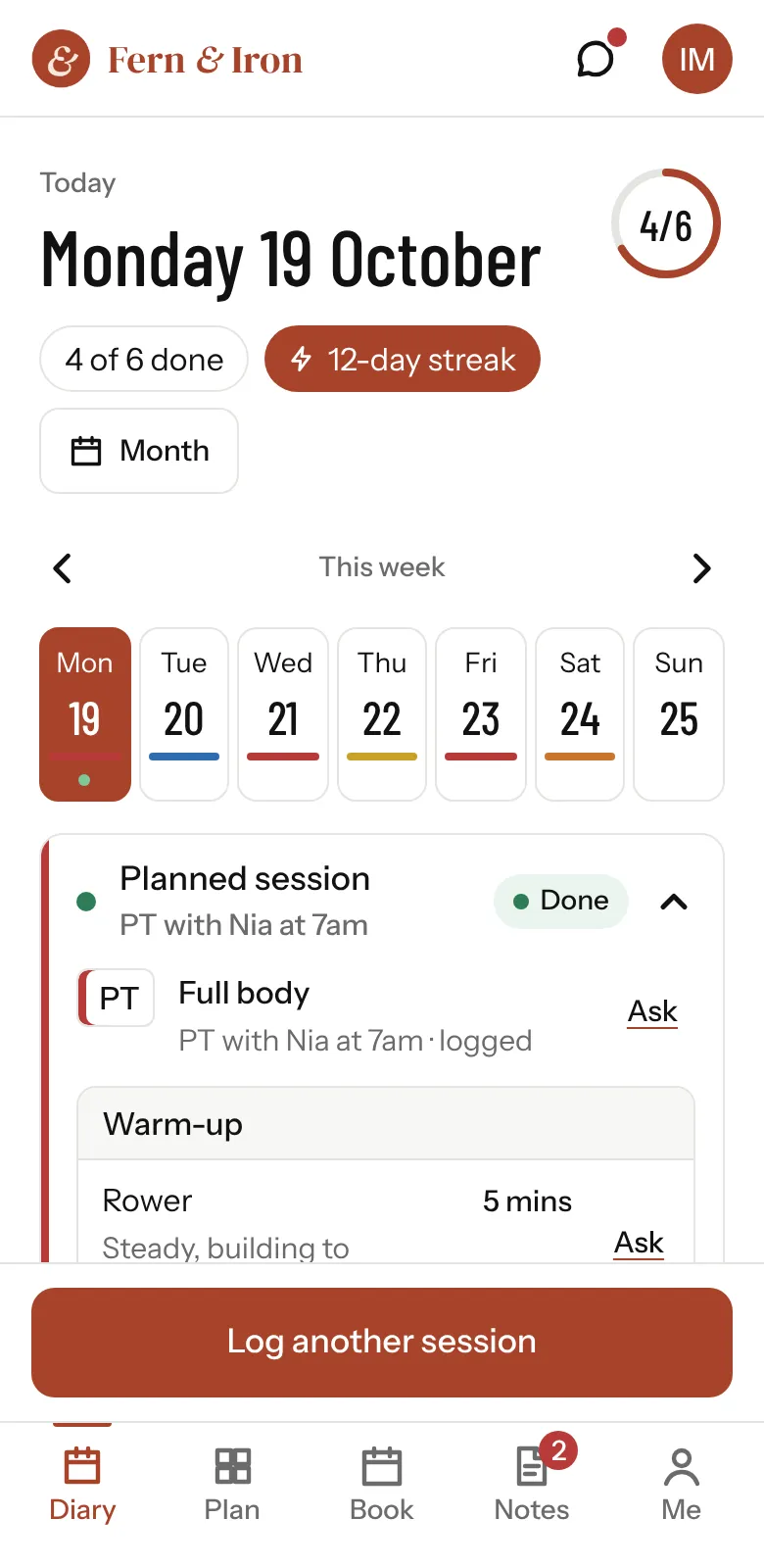 The Fern & Iron app. Isla's diary for today: sessions done, a streak, the week ahead and today's planned session.