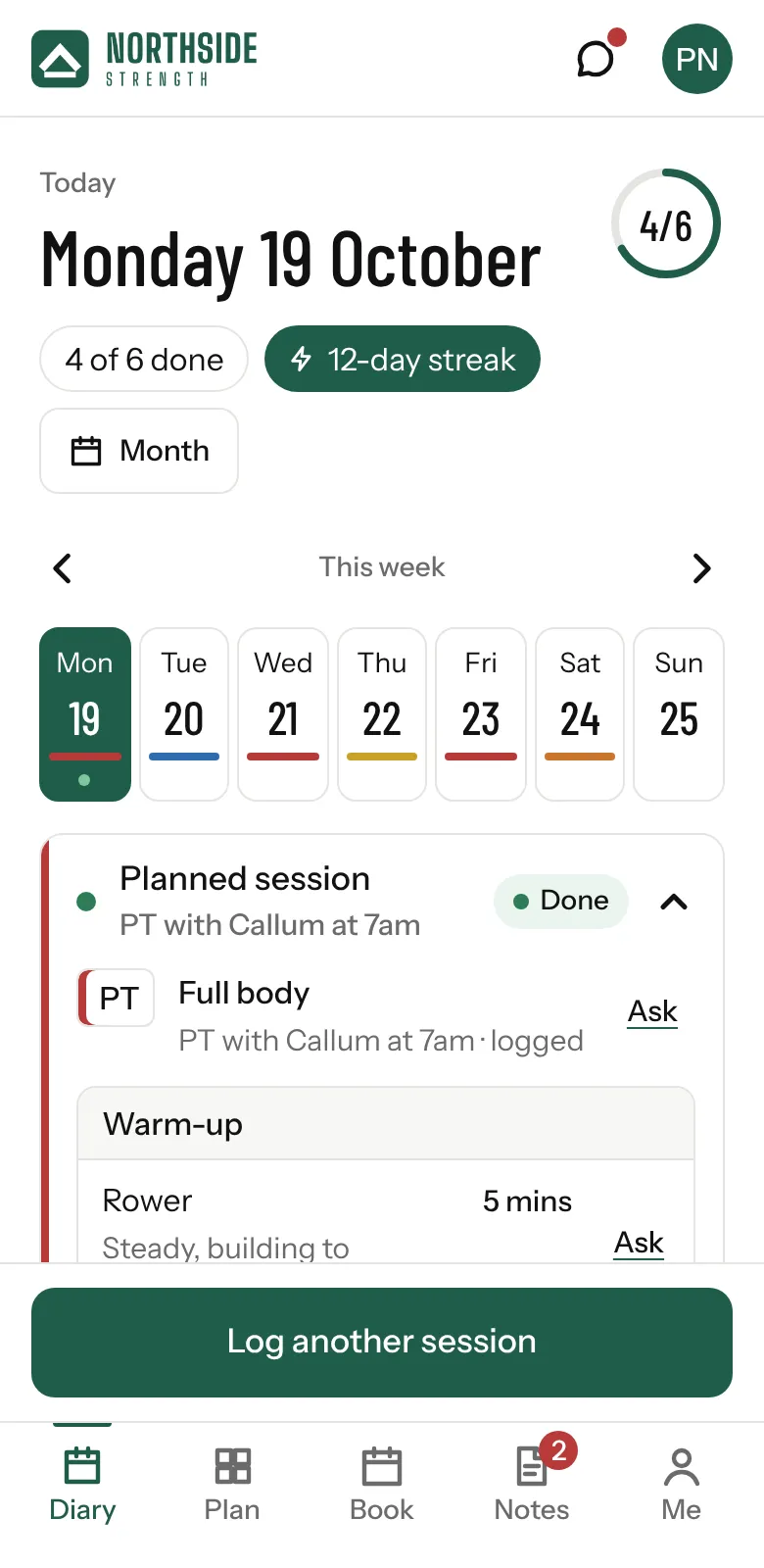 The Northside Strength app. Priya's diary for today: sessions done, a streak, the week ahead and today's planned session.