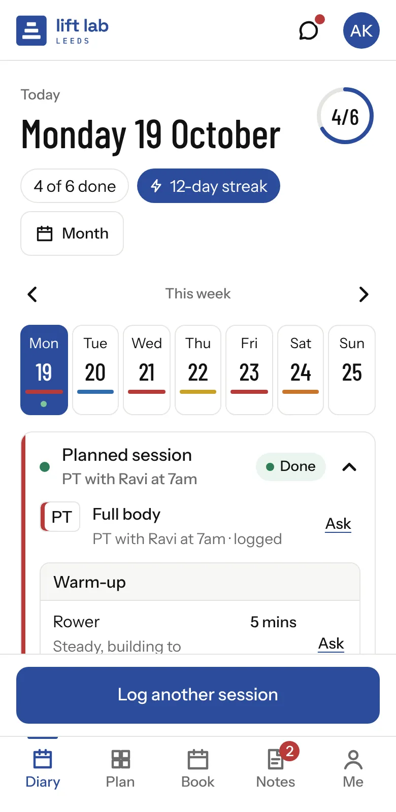 The Lift Lab Leeds app. Aisha's diary for today: sessions done, a streak, the week ahead and today's planned session.