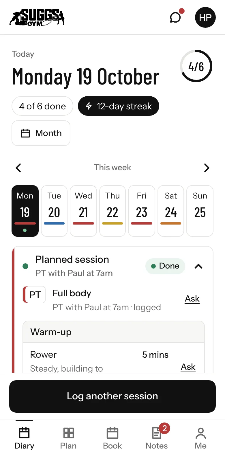 The Suggs Gym app. Hannah's diary for today: sessions done, a streak, the week ahead and today's planned session.