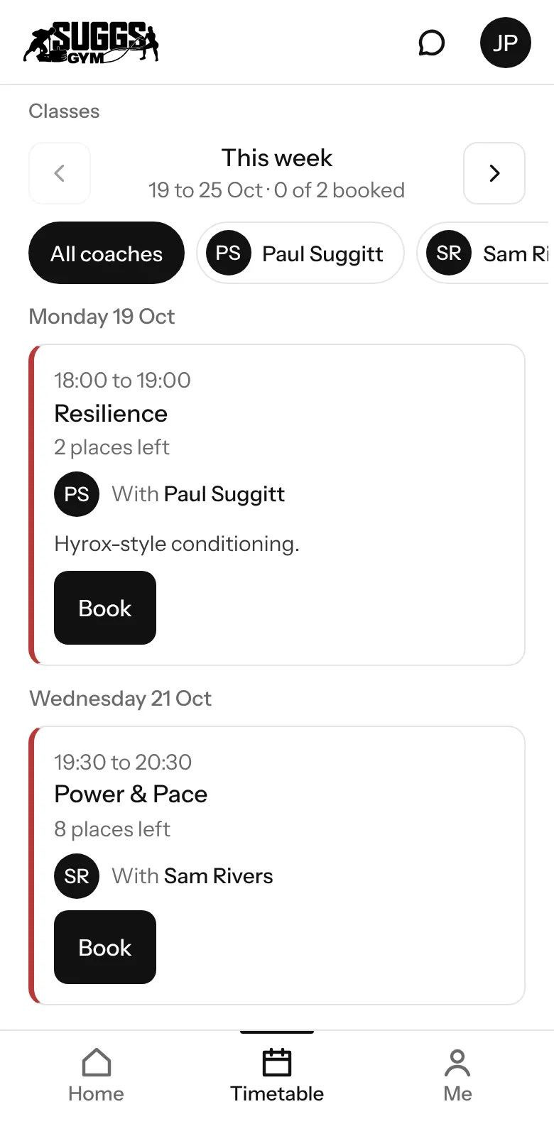 The Suggs Gym app. Jess's class timetable, with Power & Pace to book, the places left and who takes it.