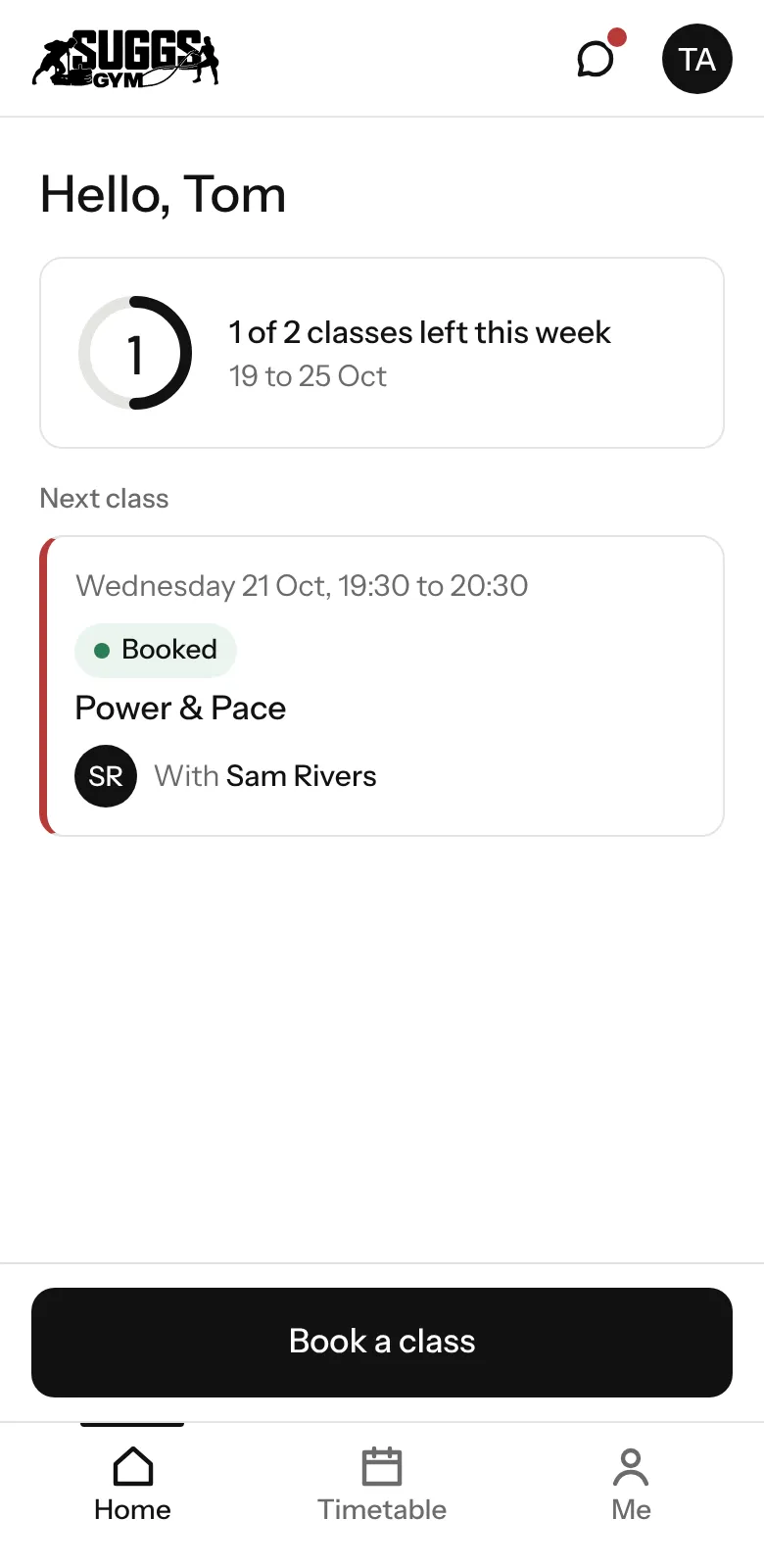 The Suggs Gym app. Tom's home: classes left this week and their next class.