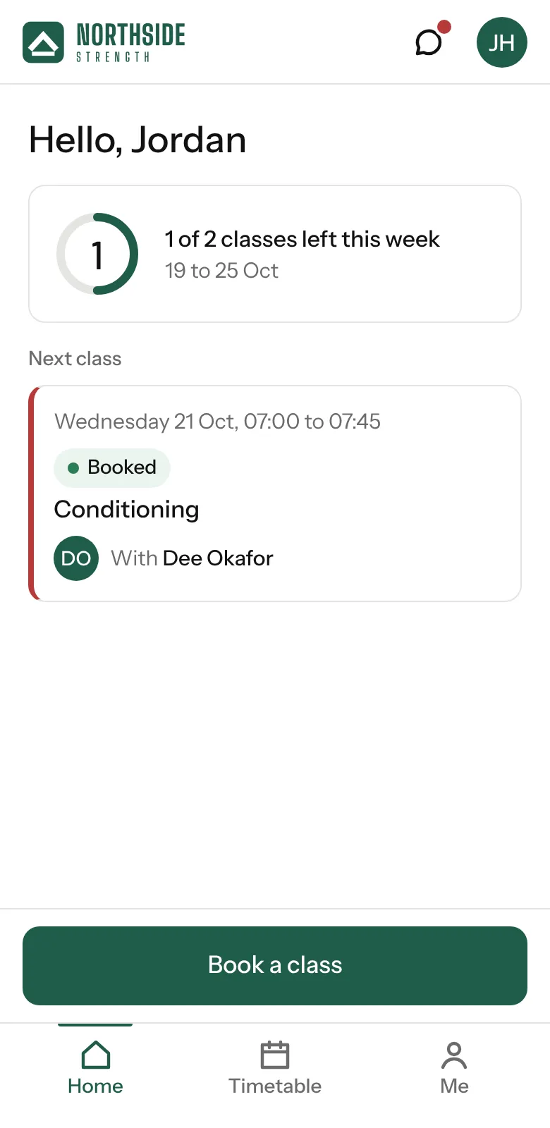 The Northside Strength app. Jordan's home: classes left this week and their next class.