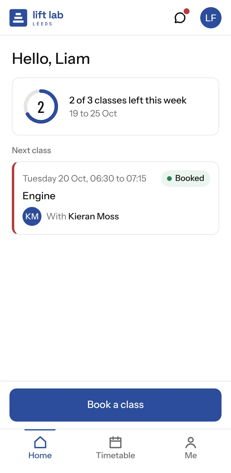 The Lift Lab Leeds app. Liam's home: classes left this week and their next class.