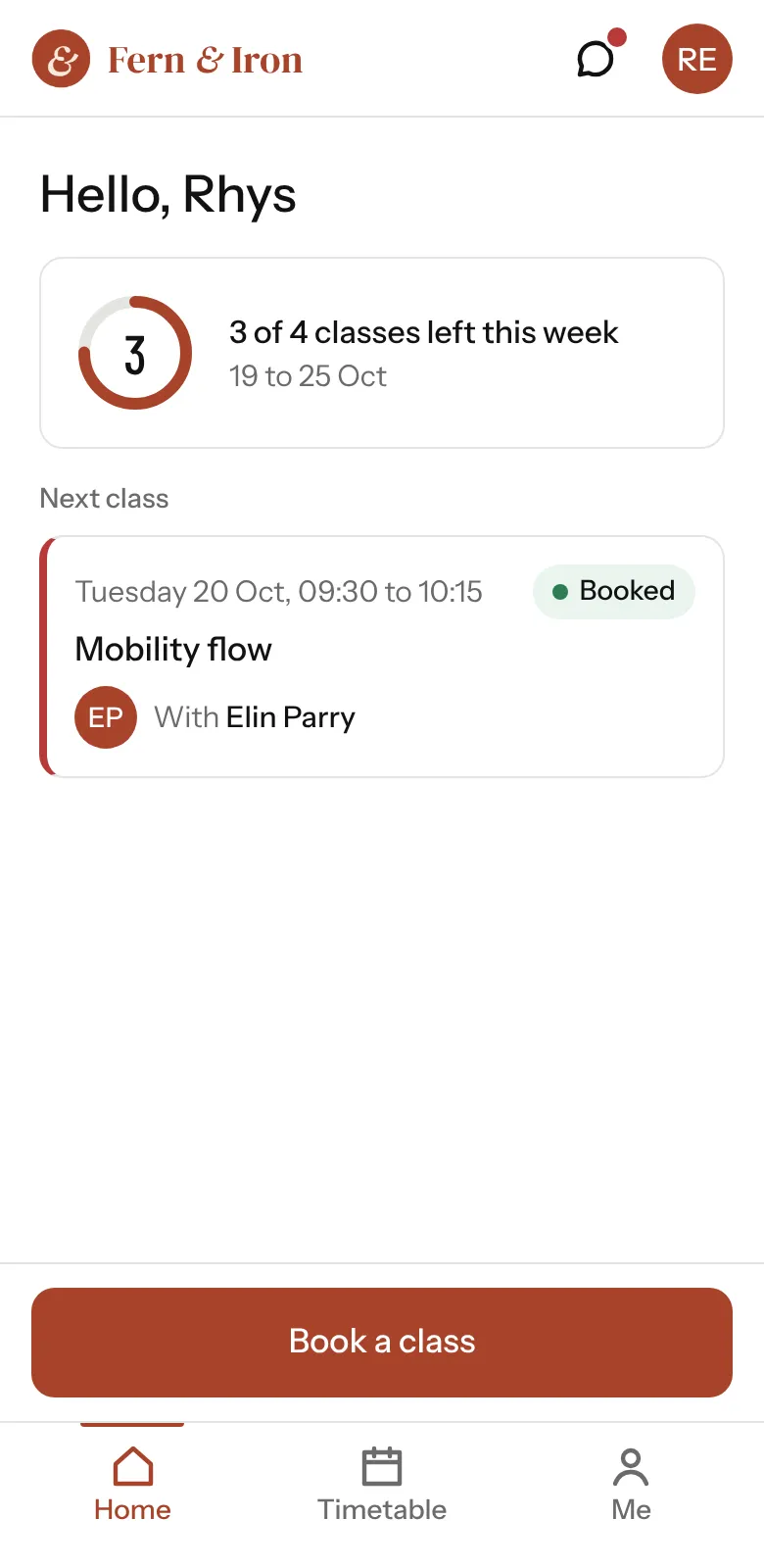 The Fern & Iron app. Rhys's home: classes left this week and their next class.